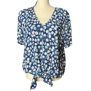 Madewell Blouse Size L in Blue and Pink Floral Print Short Sleeve Tie Front